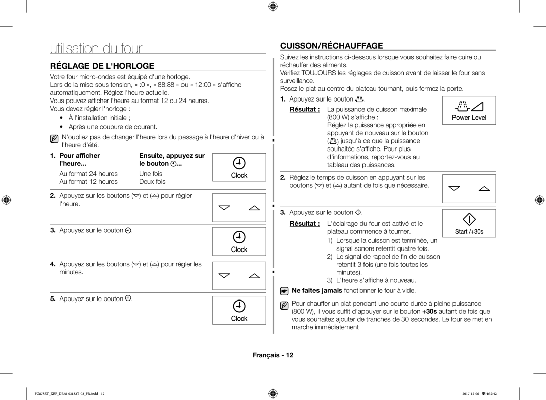 Samsung FG87SST/XEF manual Utilisation du four, Réglage DE Lhorloge, Cuisson/Réchauffage, Pour afficher, ’heure Le bouton 