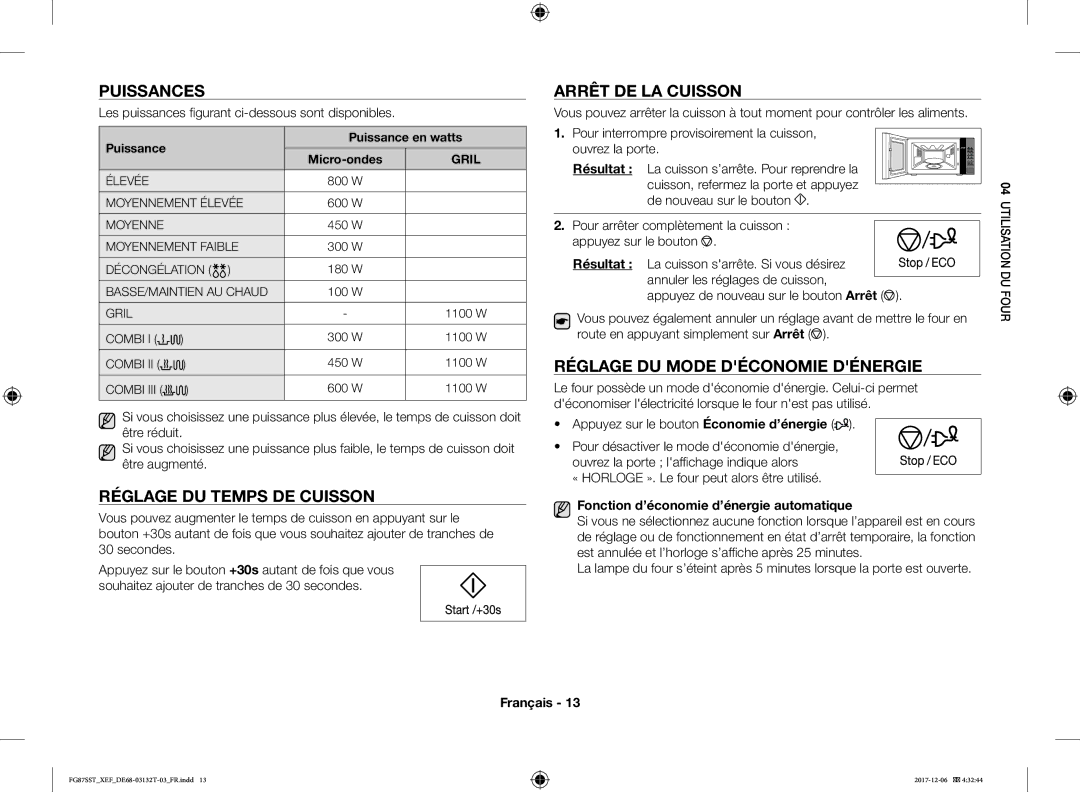 Samsung FG87SST/XEF manual Puissances, Arrêt DE LA Cuisson, Réglage DU Temps DE Cuisson, Réglage DU Mode Déconomie Dénergie 