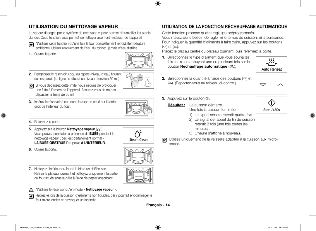 Samsung FG87SST/XEF Utilisation DU Nettoyage Vapeur, Utilisation DE LA Fonction Réchauffage Automatique, Ouvrez la porte 