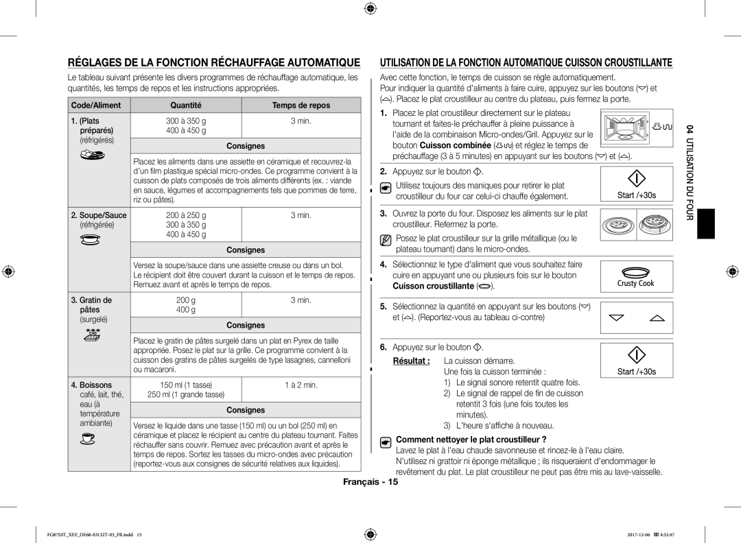 Samsung FG87SST/XEF manual Réglages DE LA Fonction Réchauffage Automatique, Cuisson croustillante, Résultat 