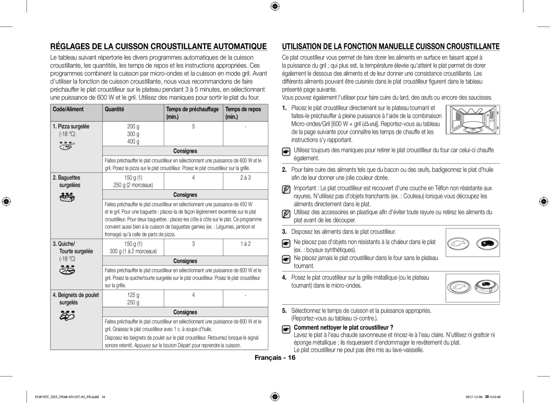 Samsung FG87SST/XEF manual Réglages DE LA Cuisson Croustillante Automatique 