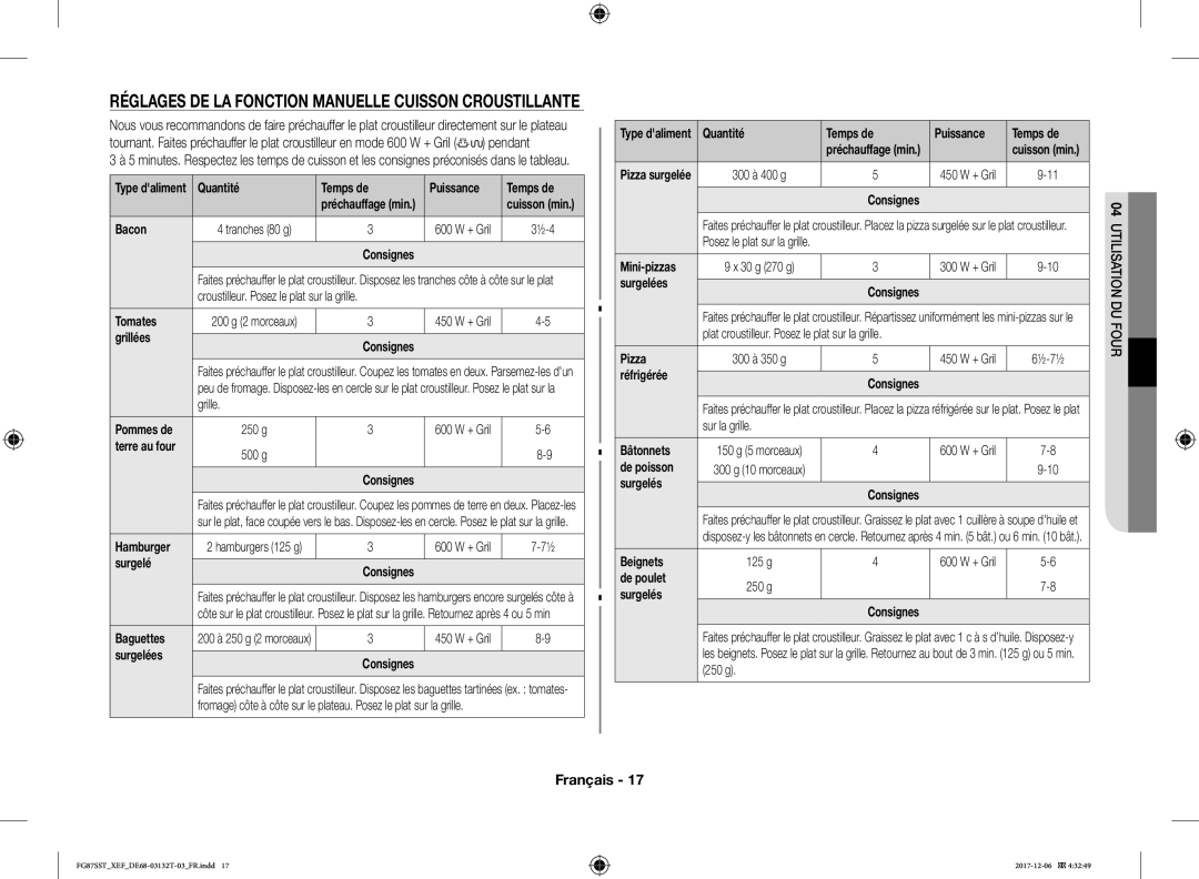 Samsung FG87SST/XEF Quantité Temps de Puissance, Bacon, Tomates, Grillées Consignes, Hamburger, Surgelé Consignes, Pizza 