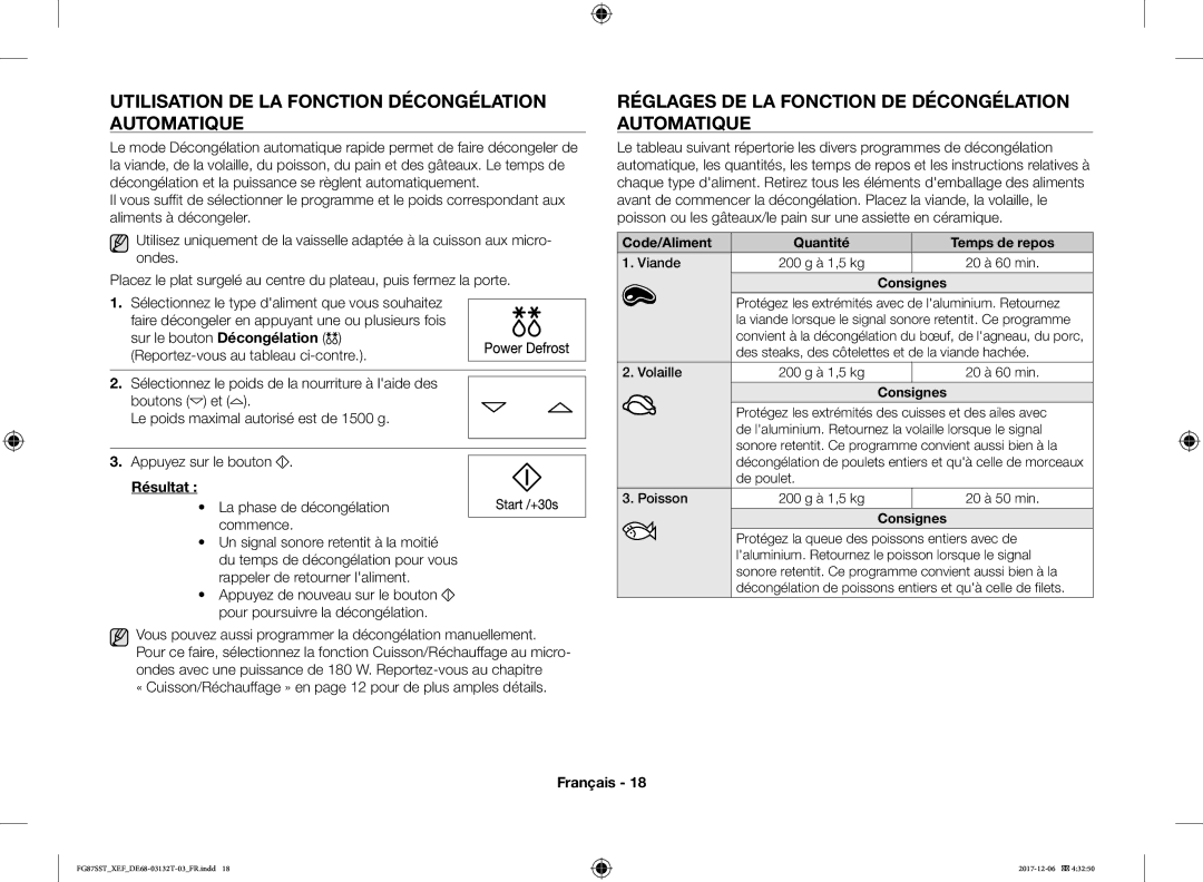 Samsung FG87SST/XEF manual Utilisation DE LA Fonction Décongélation Automatique, Code/Aliment Quantité Temps de repos 