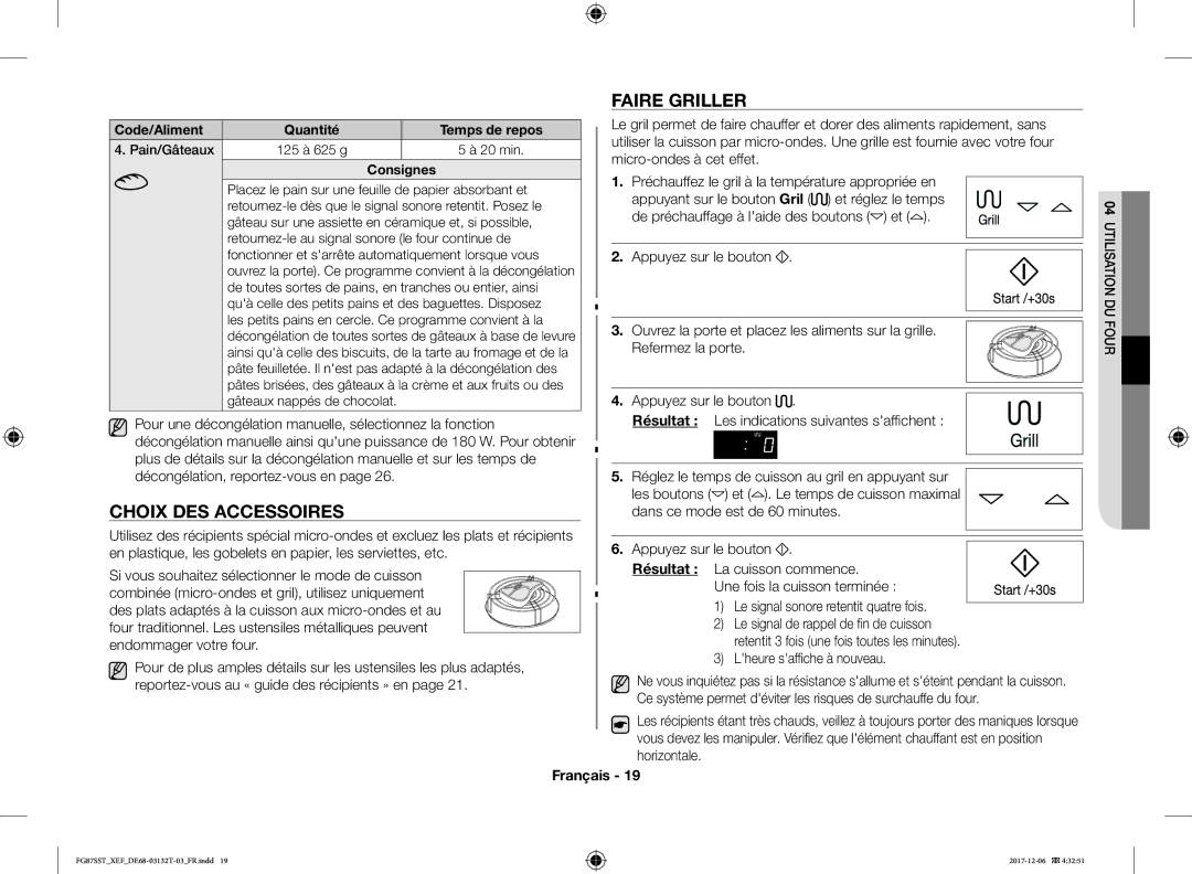 Samsung FG87SST/XEF manual Faire Griller, Choix DES Accessoires, Code/Aliment Quantité Temps de repos Pain/Gâteaux 