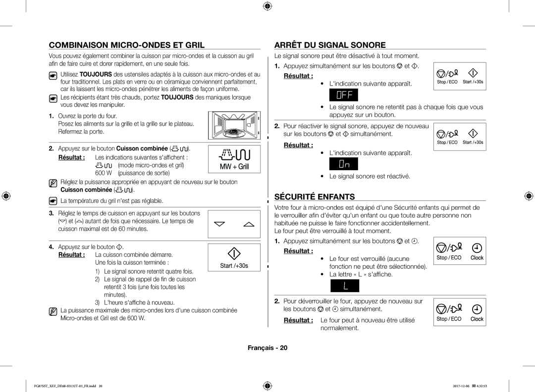 Samsung FG87SST/XEF manual Combinaison MICRO-ONDES ET Gril, Arrêt DU Signal Sonore, Sécurité Enfants, Cuisson combinée 