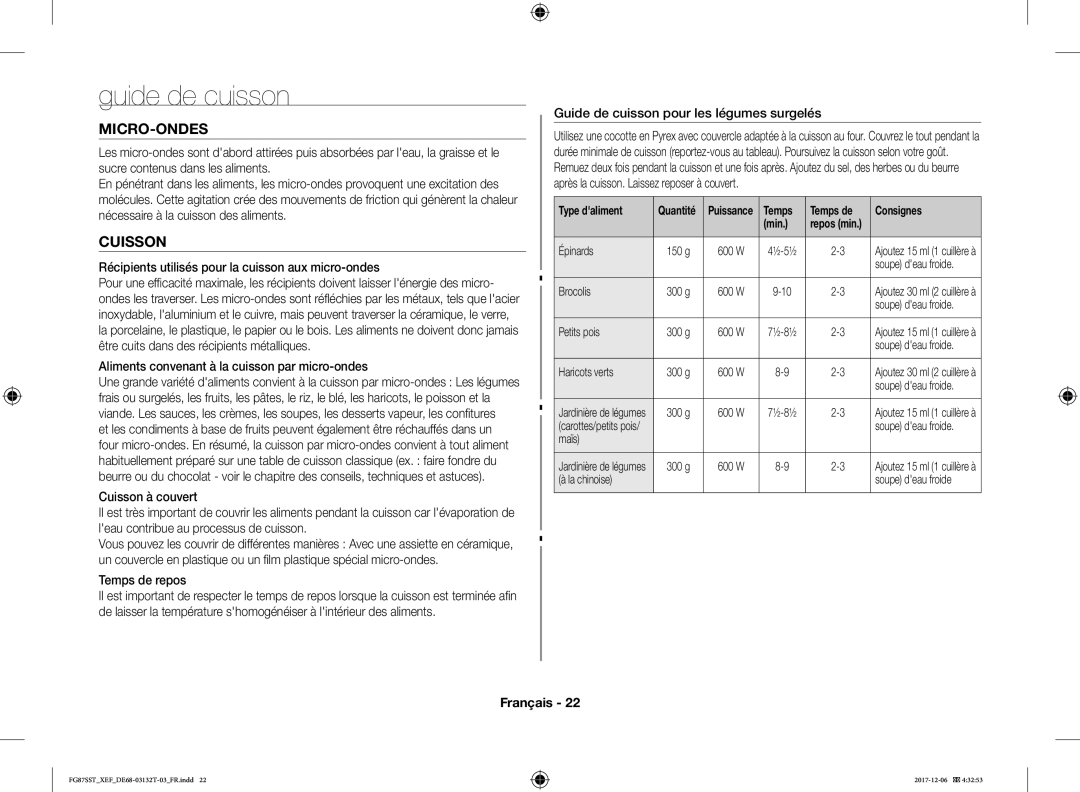 Samsung FG87SST/XEF manual Guide de cuisson, Micro-Ondes, Cuisson 