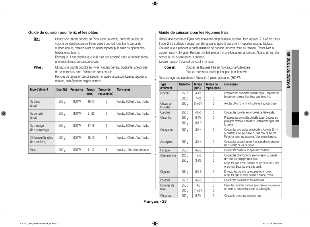 Samsung FG87SST/XEF manual Guide de cuisson pour le riz et les pâtes, Guide de cuisson pour les légumes frais 