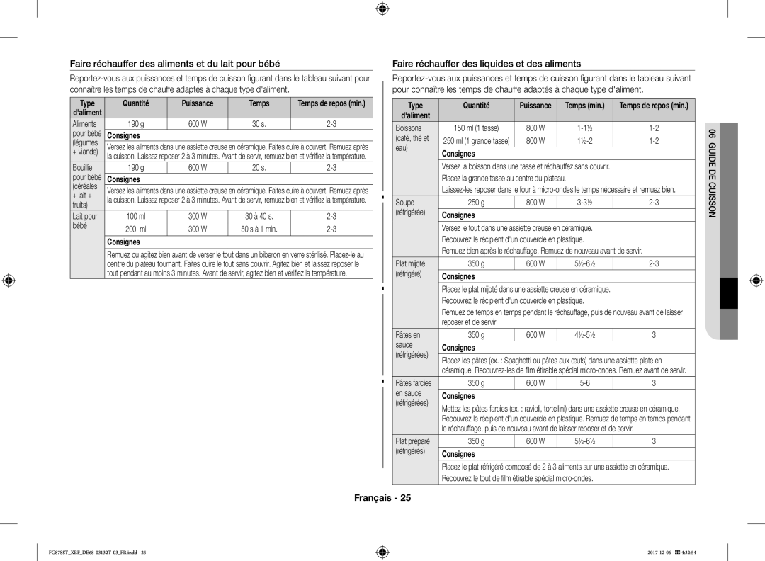 Samsung FG87SST/XEF Faire réchauffer des aliments et du lait pour bébé, Faire réchauffer des liquides et des aliments 