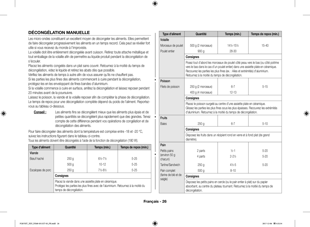 Samsung FG87SST/XEF manual Décongélation Manuelle, Conseil, Décongélation des aliments, Quantité Temps min 