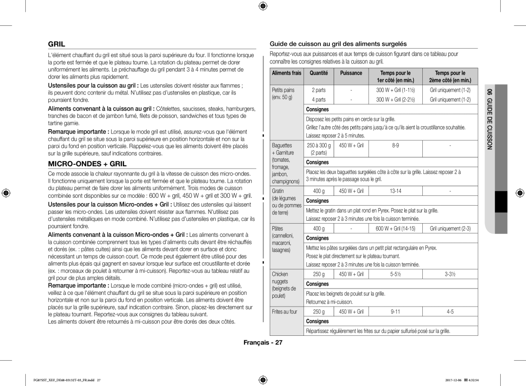 Samsung FG87SST/XEF manual MICRO-ONDES + Gril, Guide de cuisson au gril des aliments surgelés, Temps pour le 