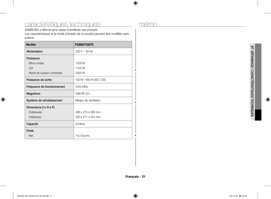 Samsung FG87SST/XEF Caractéristiques techniques, Samsung sefforce sans cesse daméliorer ses produits, Préavis, Modèle 