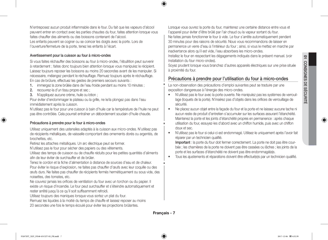 Samsung FG87SST/XEF manual Avertissement pour la cuisson au four à micro-ondes 