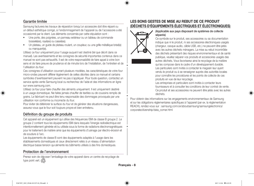 Samsung FG87SST/XEF manual Garantie limitée 