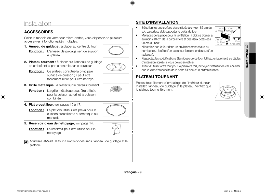 Samsung FG87SST/XEF manual Installation, Accessoires, Site D’INSTALLATION, Plateau Tournant 