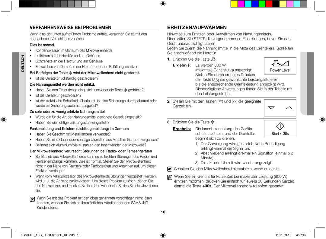 Samsung FG87SST/XEG manual Verfahrensweise bei Problemen, Erhitzen/Aufwärmen 