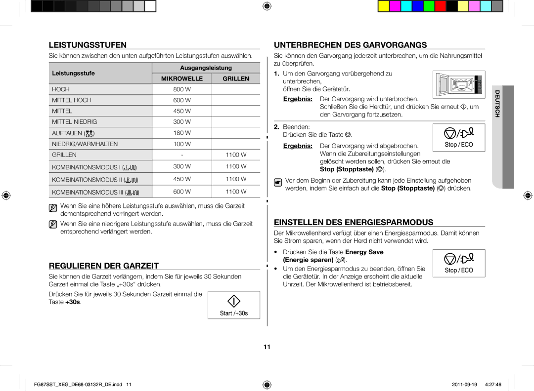 Samsung FG87SST/XEG Leistungsstufen, Regulieren der Garzeit, Unterbrechen des Garvorgangs, Einstellen des Energiesparmodus 