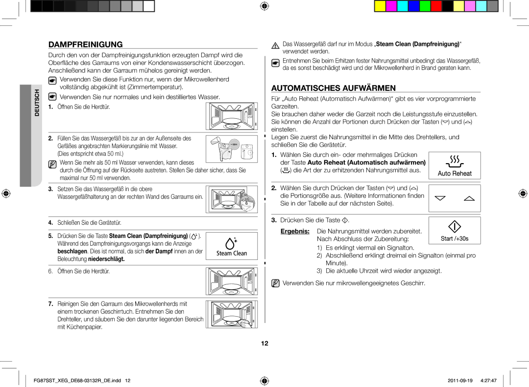 Samsung FG87SST/XEG manual Dampfreinigung, Automatisches Aufwärmen, Schließen Sie die Gerätetür 