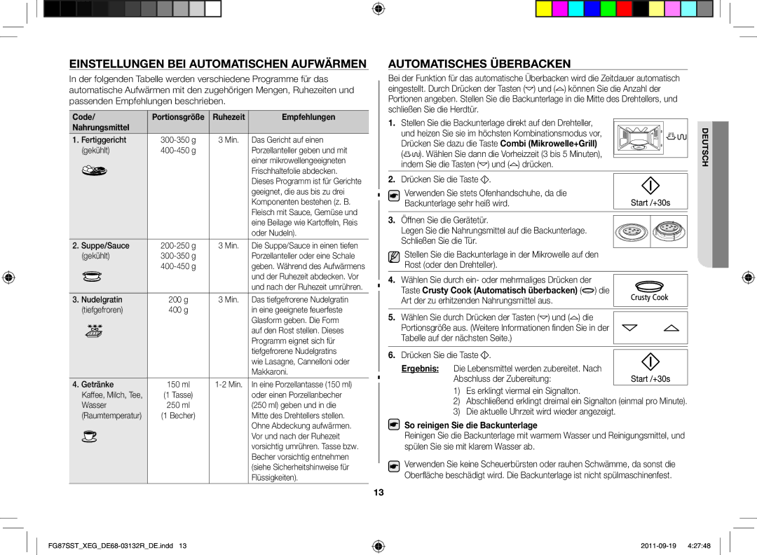 Samsung FG87SST/XEG Einstellungen bei automatischen Aufwärmen, Automatisches Überbacken, So reinigen Sie die Backunterlage 