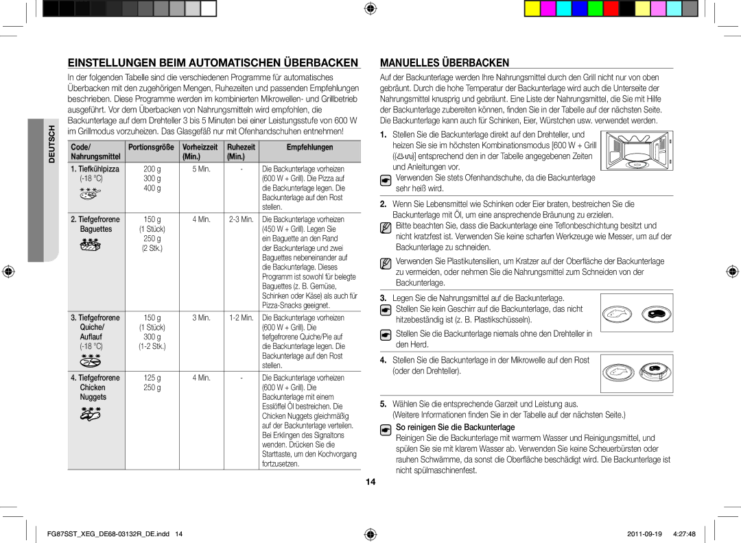 Samsung FG87SST/XEG manual Einstellungen beim automatischen Überbacken, Manuelles Überbacken, Code, Empfehlungen, Min 