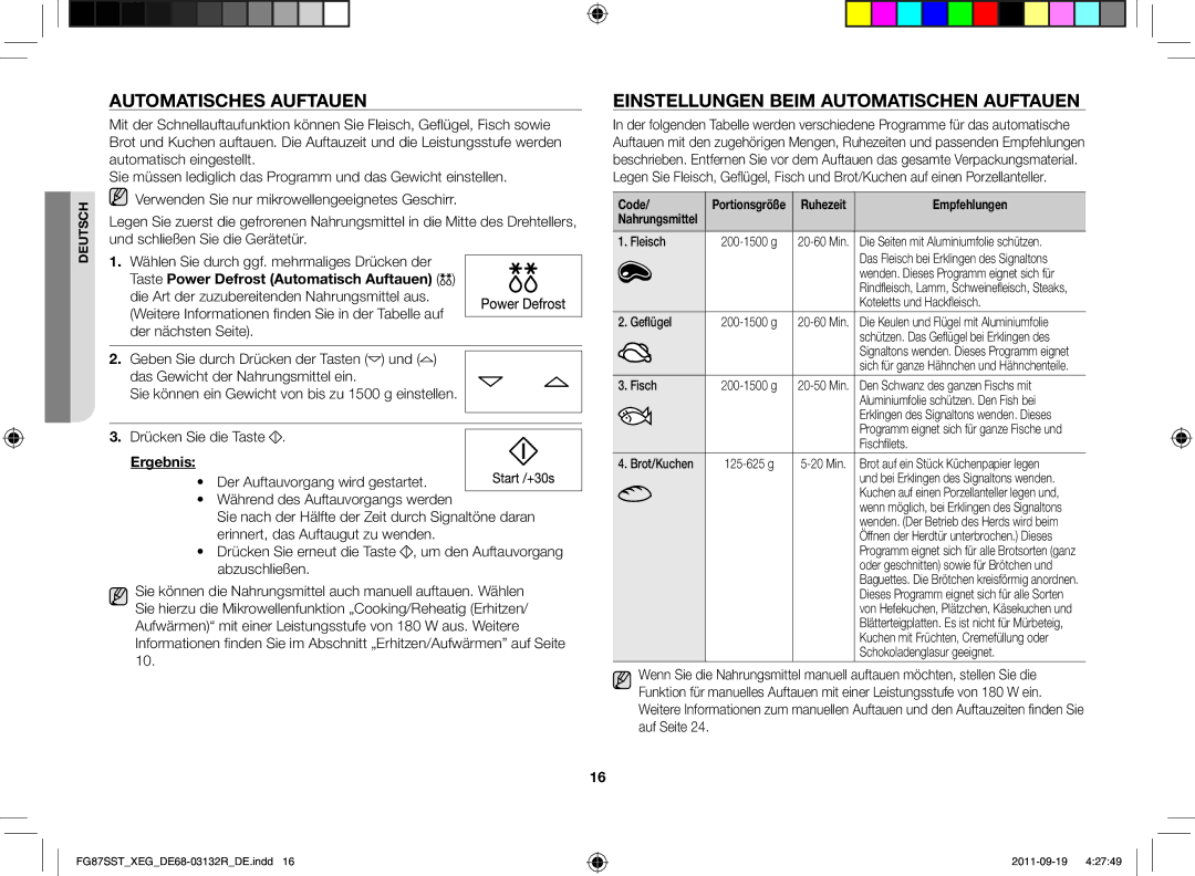 Samsung FG87SST/XEG manual Automatisches Auftauen, Einstellungen beim automatischen Auftauen, Ergebnis 