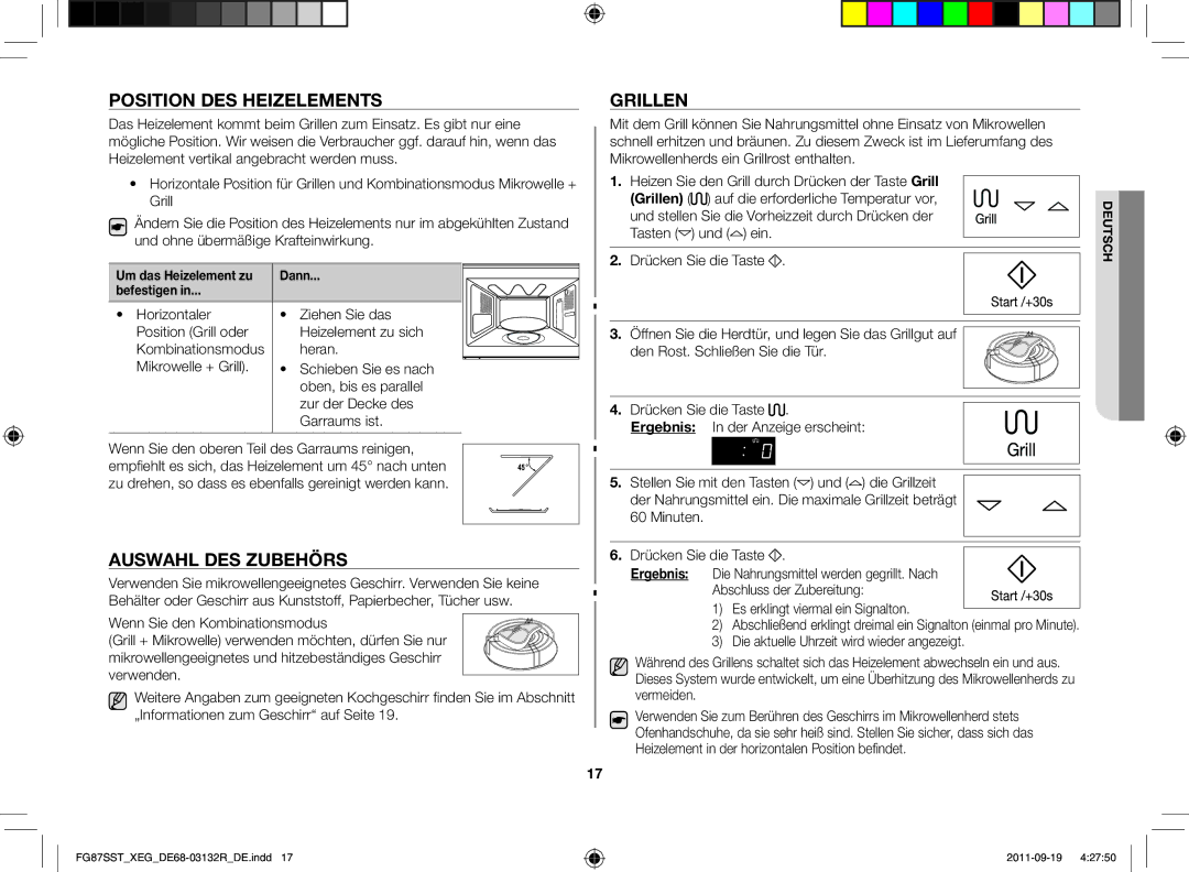 Samsung FG87SST/XEG manual Position des Heizelements, Auswahl des Zubehörs, Grillen, Um das Heizelement zu Dann Befestigen 