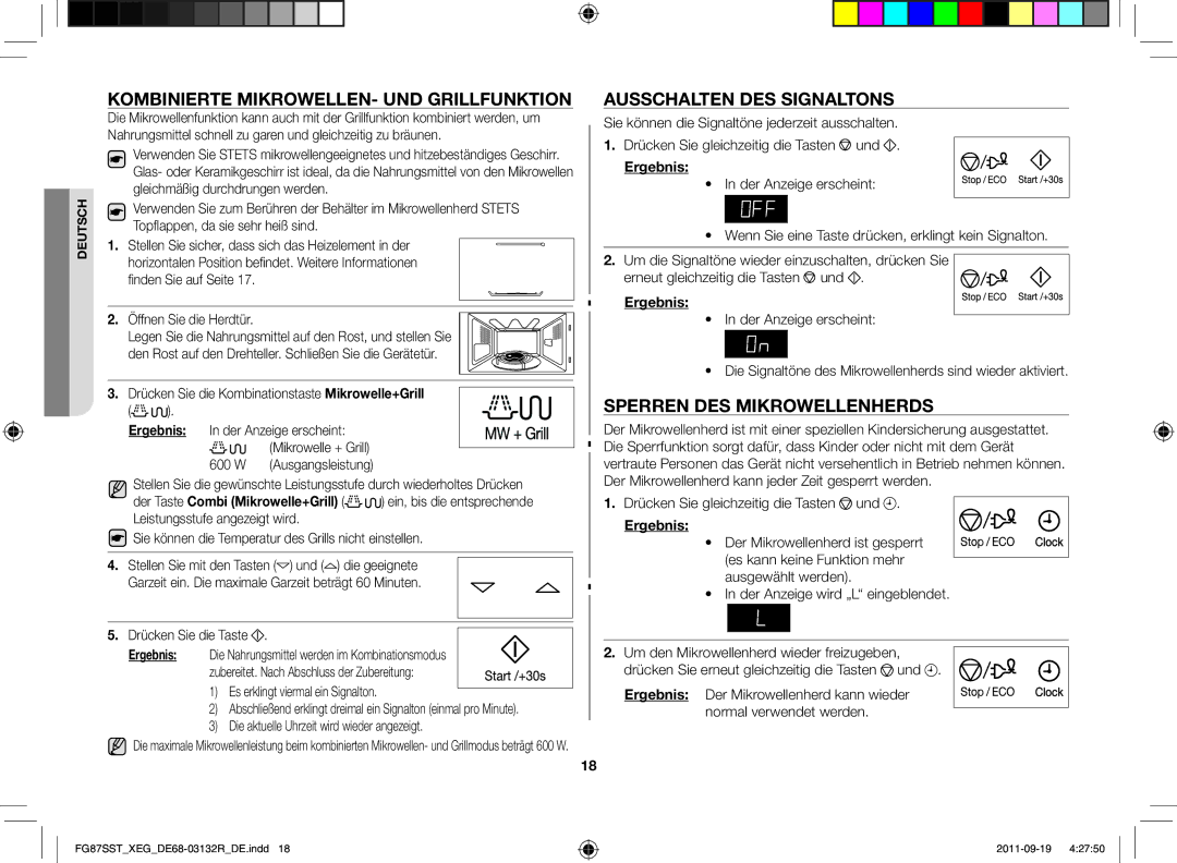 Samsung FG87SST/XEG Kombinierte Mikrowellen- und Grillfunktion, Ausschalten des Signaltons, Sperren des Mikrowellenherds 