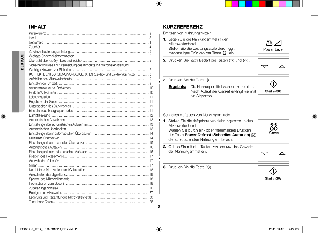 Samsung FG87SST/XEG manual Inhalt, Kurzreferenz 