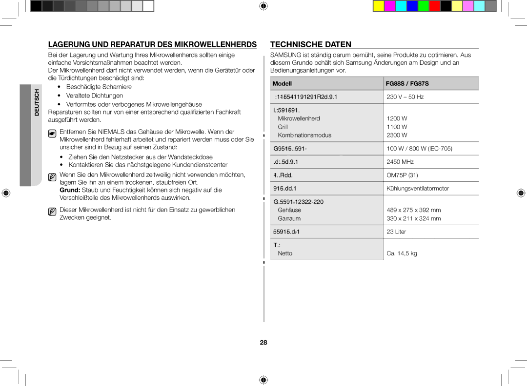 Samsung FG87SST/XEG manual Lagerung und Reparatur des Mikrowellenherds, Technische Daten, Modell FG88S / FG87S 