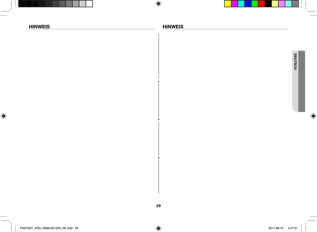 Samsung FG87SST/XEG manual Hinweis 