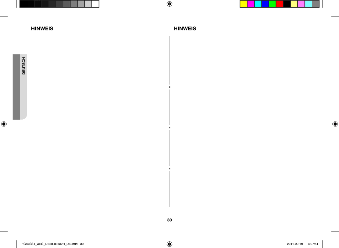 Samsung FG87SST/XEG manual Hinweis 