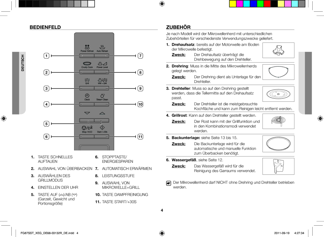 Samsung FG87SST/XEG manual Bedienfeld, Zubehör, Zweck 