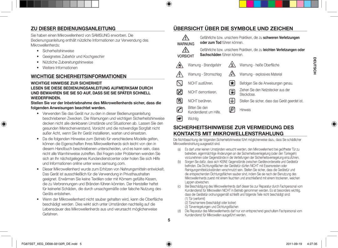 Samsung FG87SST/XEG manual Zu dieser Bedienungsanleitung, Übersicht über die Symbole und Zeichen 