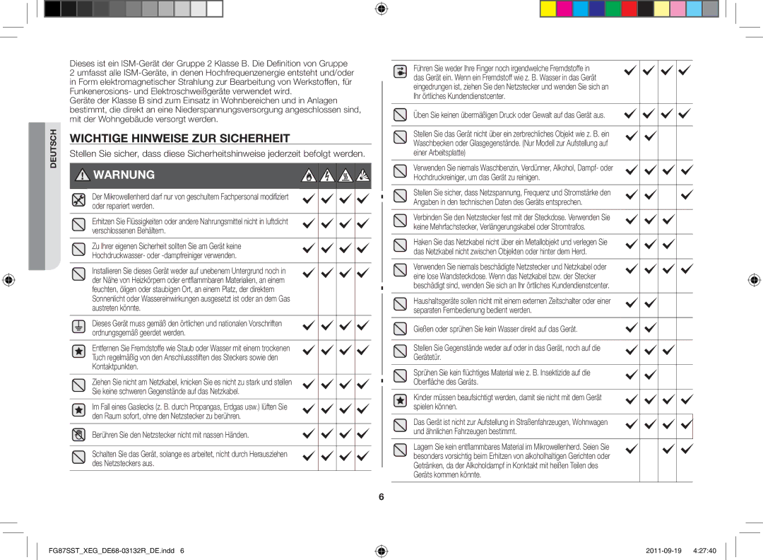 Samsung FG87SST/XEG manual Wichtige Hinweise zur Sicherheit, Warnung 