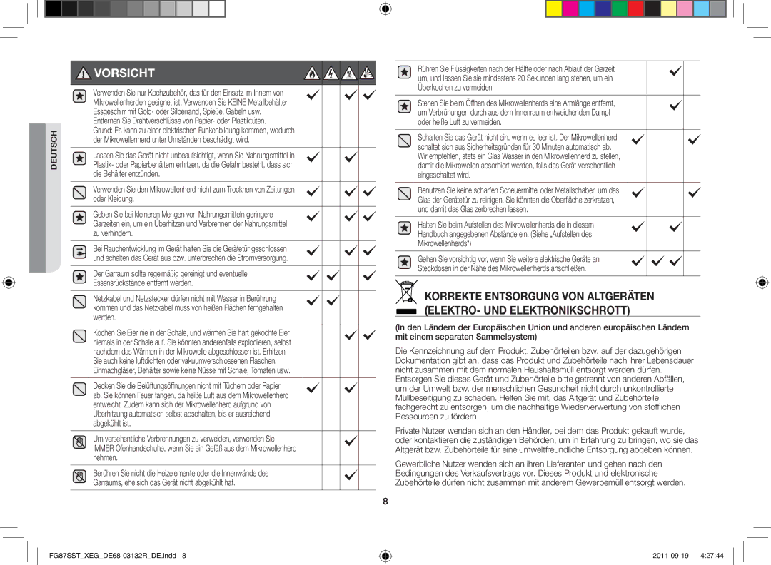 Samsung FG87SST/XEG manual Vorsicht 