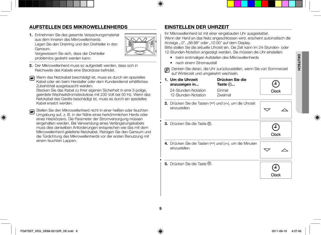 Samsung FG87SST/XEG manual Aufstellen des Mikrowellenherds, Einstellen der Uhrzeit, Stunden-Notation Einmal Zweimal 