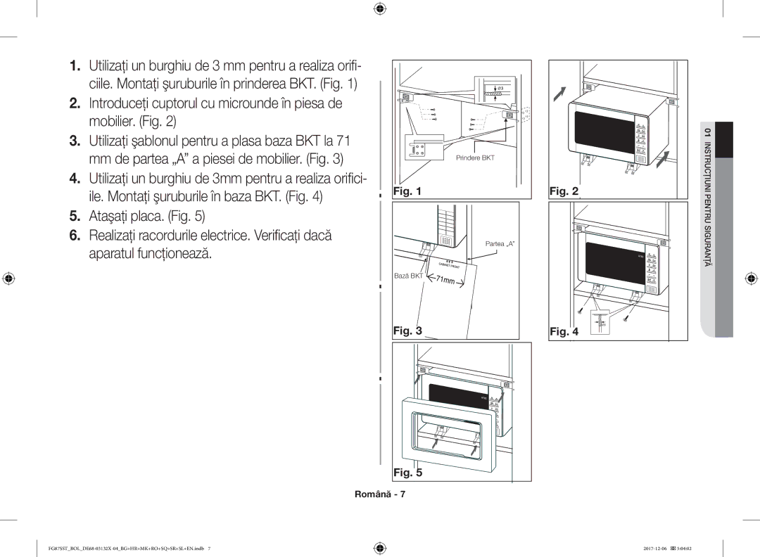 Samsung FG87SST/BOL, FG87SST/XEH, FG87SUB/XEO, FG87SUB/BOL manual Introduceţi cuptorul cu microunde în piesa de mobilier. Fig 