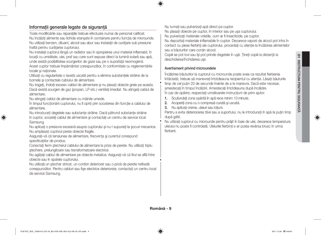 Samsung FG87SUB/XEO, FG87SST/XEH, FG87SUB/BOL, FG87SST/BOL manual Informaţii generale legate de siguranţă 