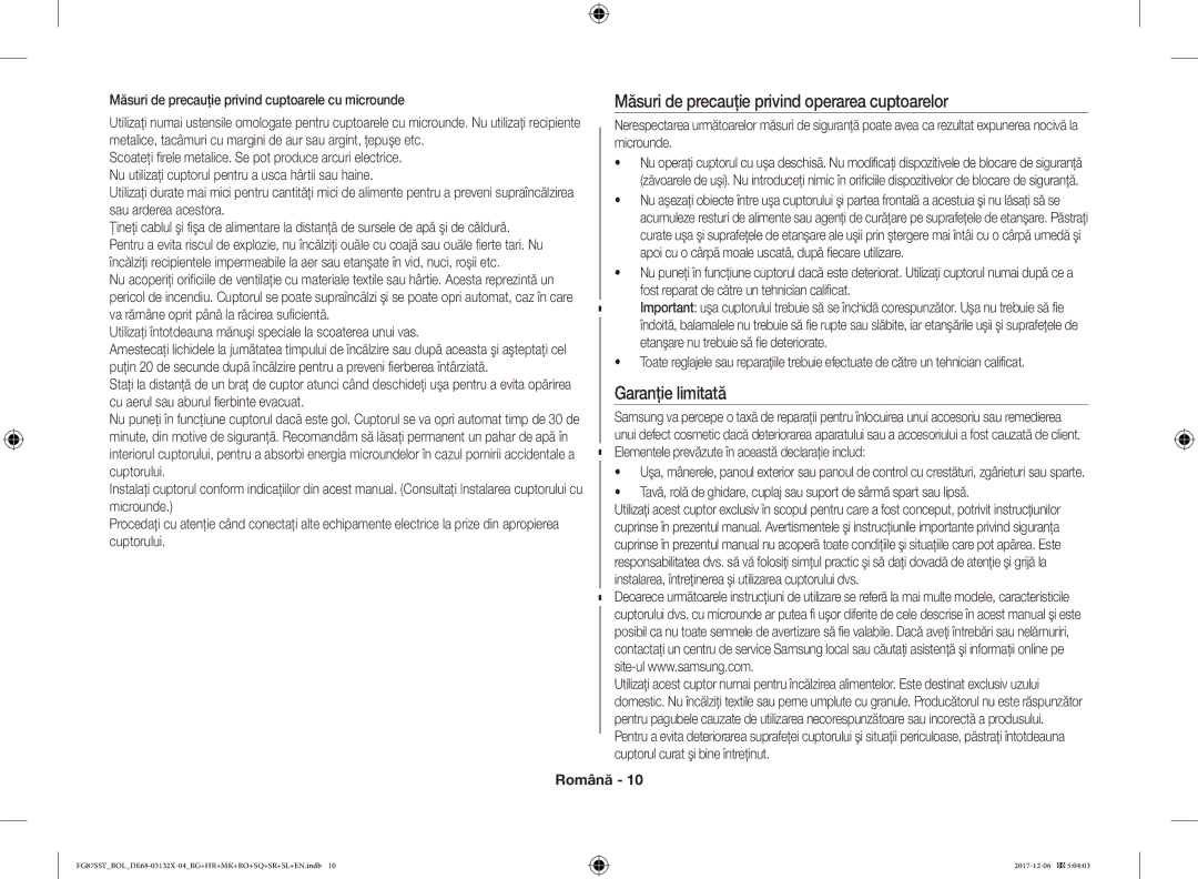 Samsung FG87SUB/BOL, FG87SST/XEH, FG87SUB/XEO manual Măsuri de precauţie privind operarea cuptoarelor, Garanţie limitată 