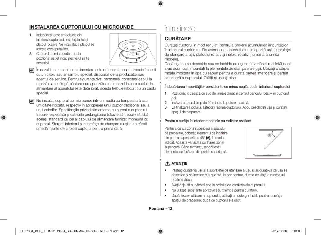 Samsung FG87SST/XEH, FG87SUB/XEO, FG87SUB/BOL manual Întreţinere, Instalarea Cuptorului CU Microunde, Curăţare, Atenție 