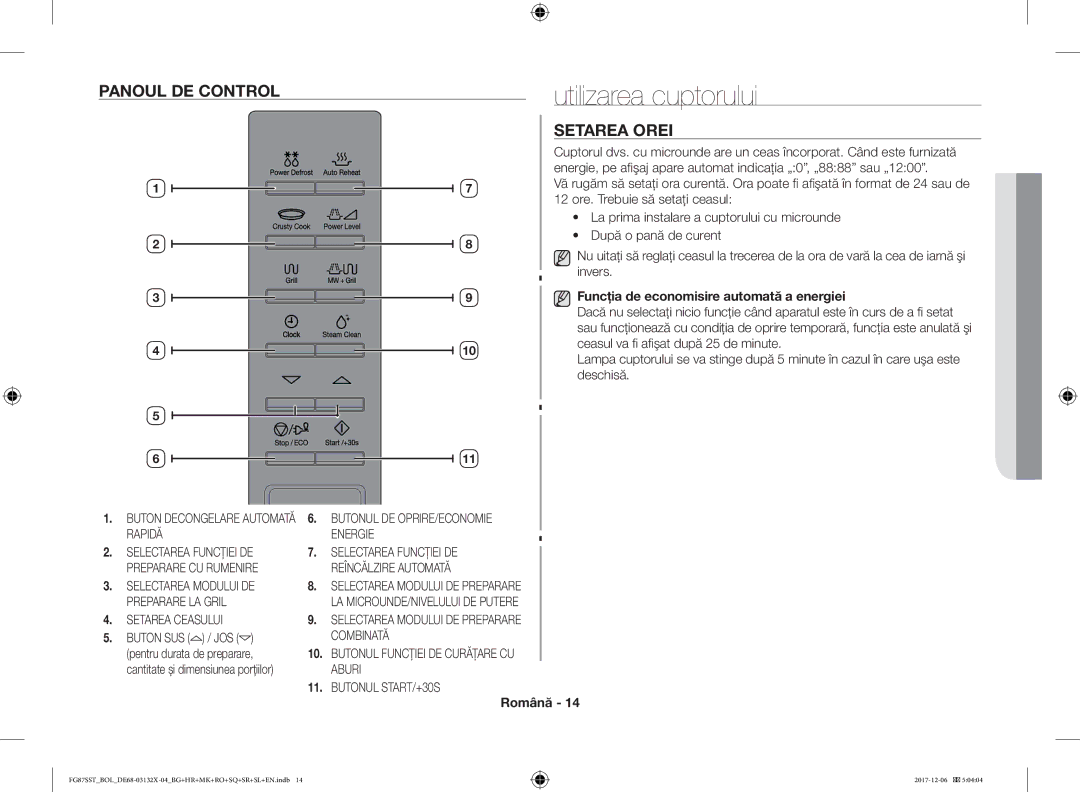 Samsung FG87SUB/BOL Utilizarea cuptorului, Panoul DE Control, Setarea Orei, Funcţia de economisire automată a energiei 