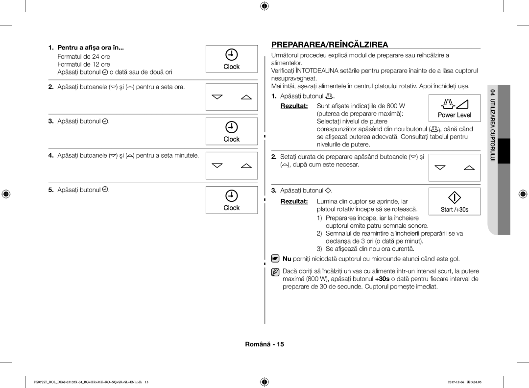 Samsung FG87SST/BOL, FG87SST/XEH, FG87SUB/XEO, FG87SUB/BOL Prepararea/Reîncălzirea, Pentru a afişa ora în, Apăsaţi butonul 