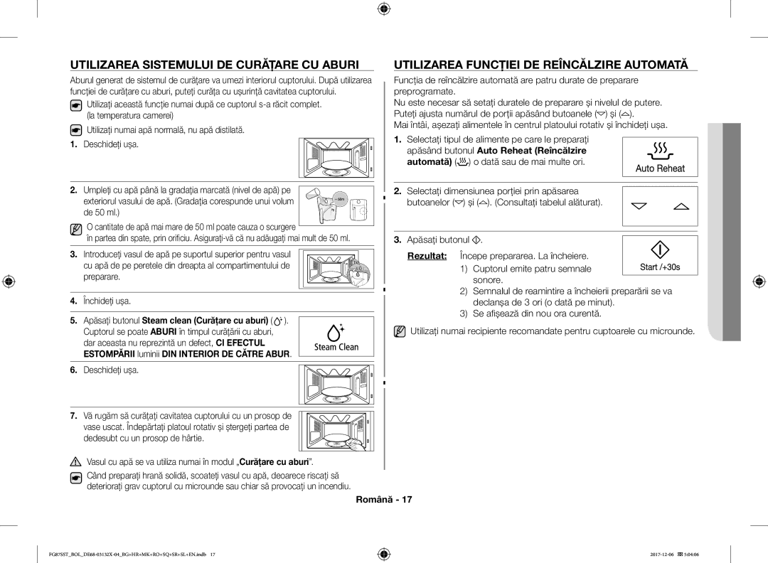 Samsung FG87SUB/XEO, FG87SST/XEH Utilizarea Sistemului DE Curăţare CU Aburi, Utilizarea Funcţiei DE Reîncălzire Automată 