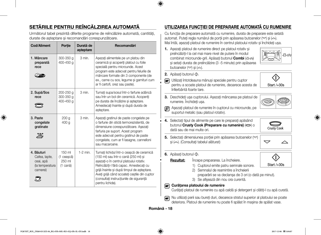 Samsung FG87SUB/BOL manual Setările Pentru Reîncălzirea Automată, Utilizarea Funcţiei DE Preparare Automată CU Rumenire 