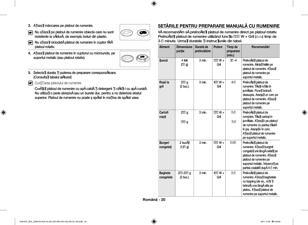 Samsung FG87SST/XEH, FG87SUB/XEO Setările Pentru Preparare Manuală CU Rumenire, Aşezaţi mâncarea pe platoul de rumenire 