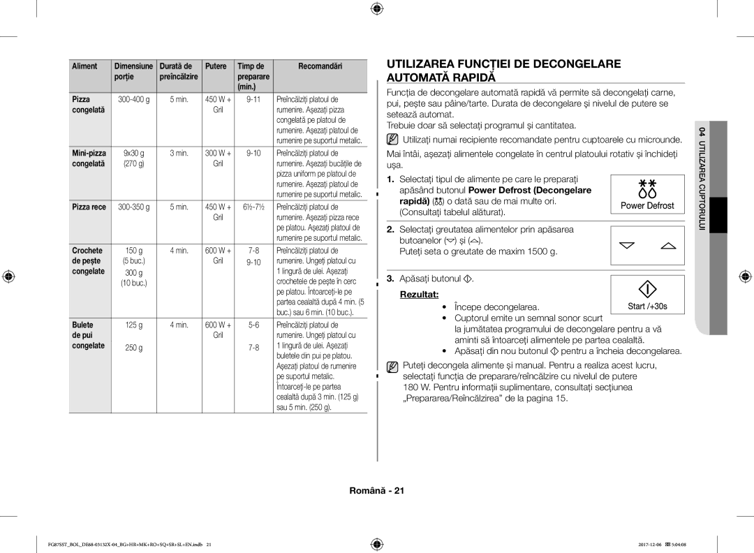 Samsung FG87SUB/XEO, FG87SST/XEH, FG87SUB/BOL, FG87SST/BOL manual Utilizarea Funcţiei DE Decongelare Automată Rapidă 