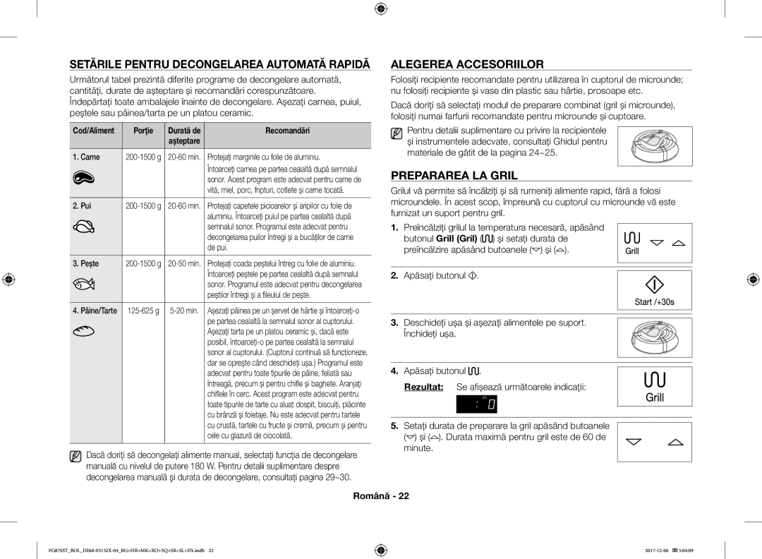 Samsung FG87SUB/BOL, FG87SST/XEH Setările Pentru Decongelarea Automată Rapidă, Alegerea Accesoriilor, Prepararea LA Gril 