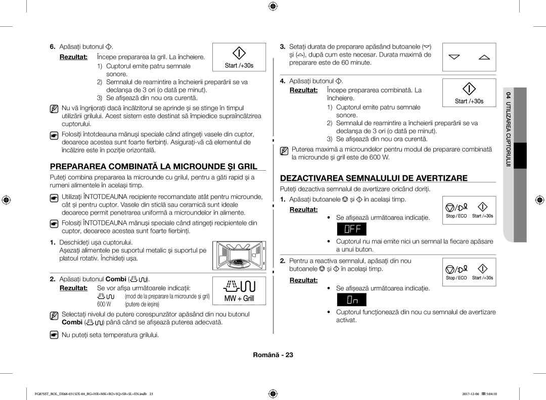 Samsung FG87SST/BOL, FG87SST/XEH manual Prepararea Combinată LA Microunde ŞI Gril, Dezactivarea Semnalului DE Avertizare 