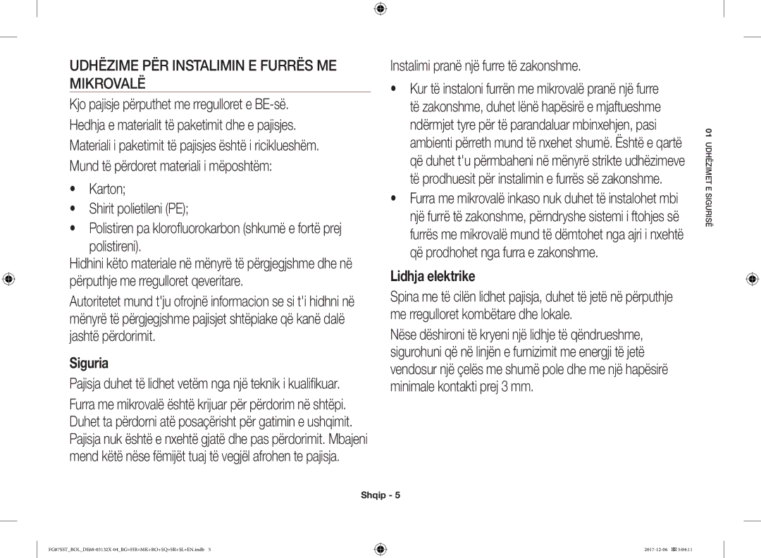 Samsung FG87SUB/XEO, FG87SST/XEH Udhëzime PËR Instalimin E Furrës ME Mikrovalë, Karton Shirit polietileni PE, Polistireni 