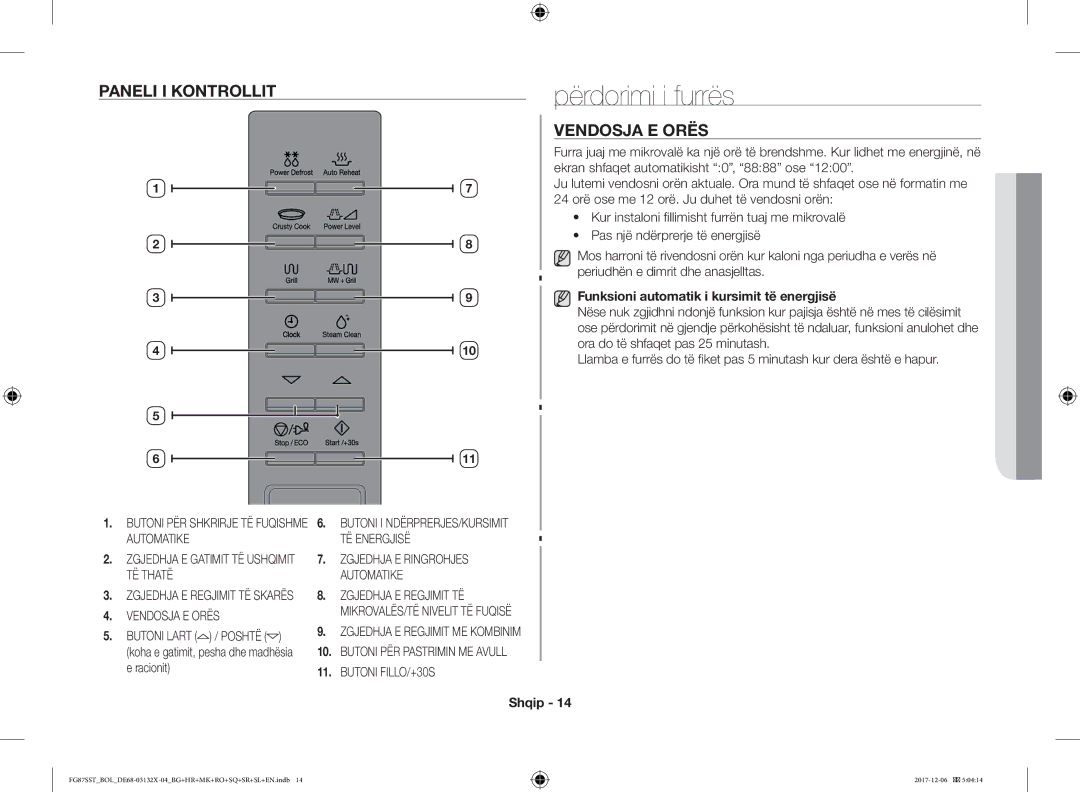 Samsung FG87SUB/BOL Përdorimi i furrës, Paneli I Kontrollit, Vendosja E Orës, Funksioni automatik i kursimit të energjisë 