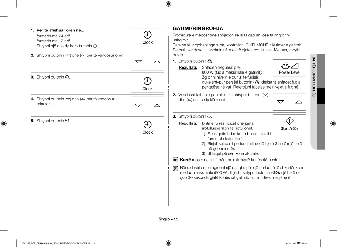 Samsung FG87SST/BOL, FG87SST/XEH, FG87SUB/XEO, FG87SUB/BOL manual Gatimi/Ringrohja, Për të afishuar orën në, Rezultati 